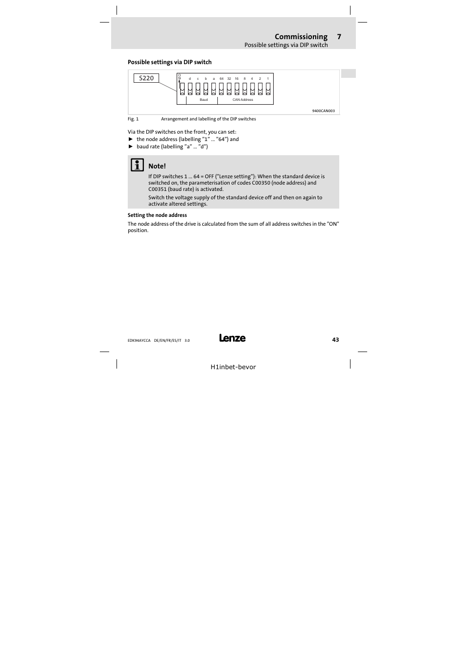 7 commissioning, Possible settings via dip switch, Commissioning 43 | Commissioning, S220 | Lenze E94AYCCA User Manual | Page 43 / 114