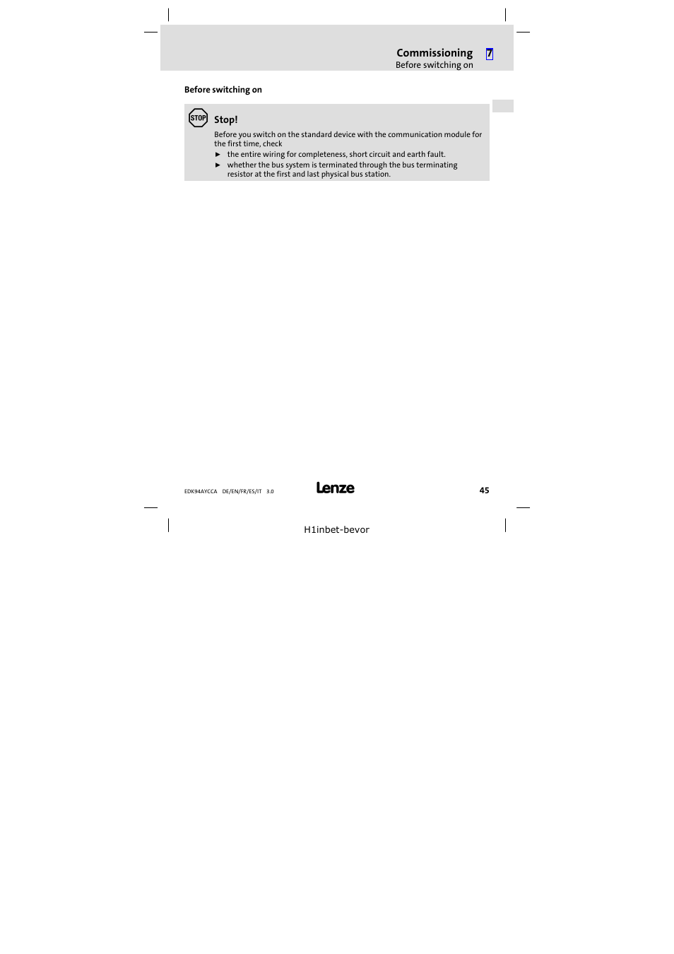 Before switching on | Lenze E94AYCCA User Manual | Page 45 / 114