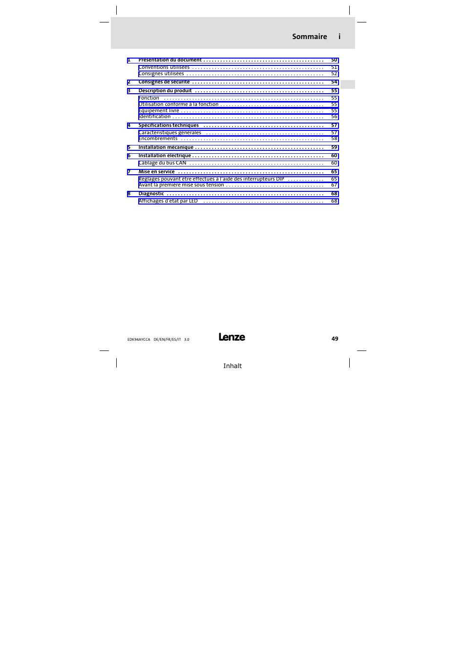 Sommaire, Sommaire i | Lenze E94AYCCA User Manual | Page 49 / 114