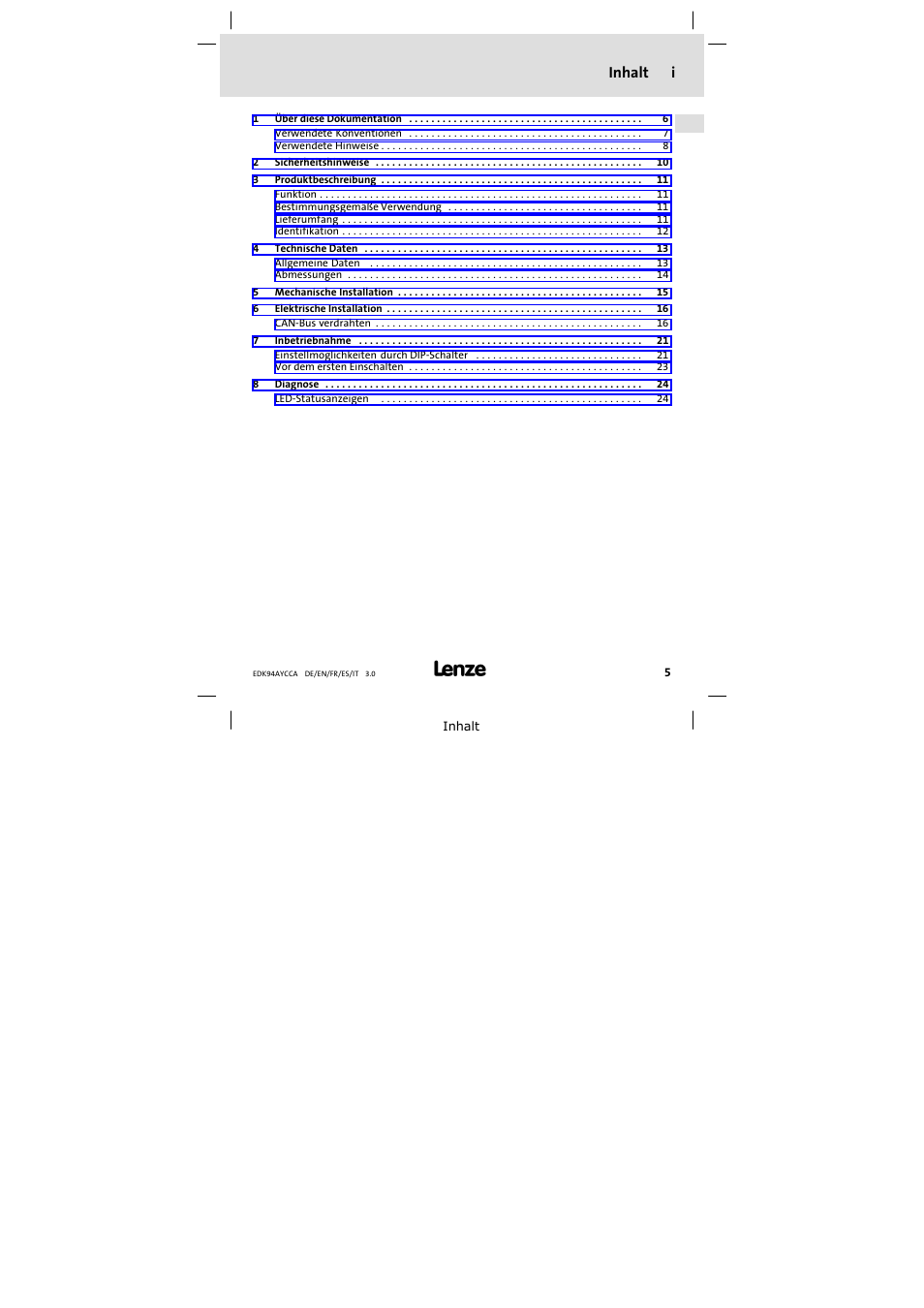 Inhalt, Inhalt i | Lenze E94AYCCA User Manual | Page 5 / 114