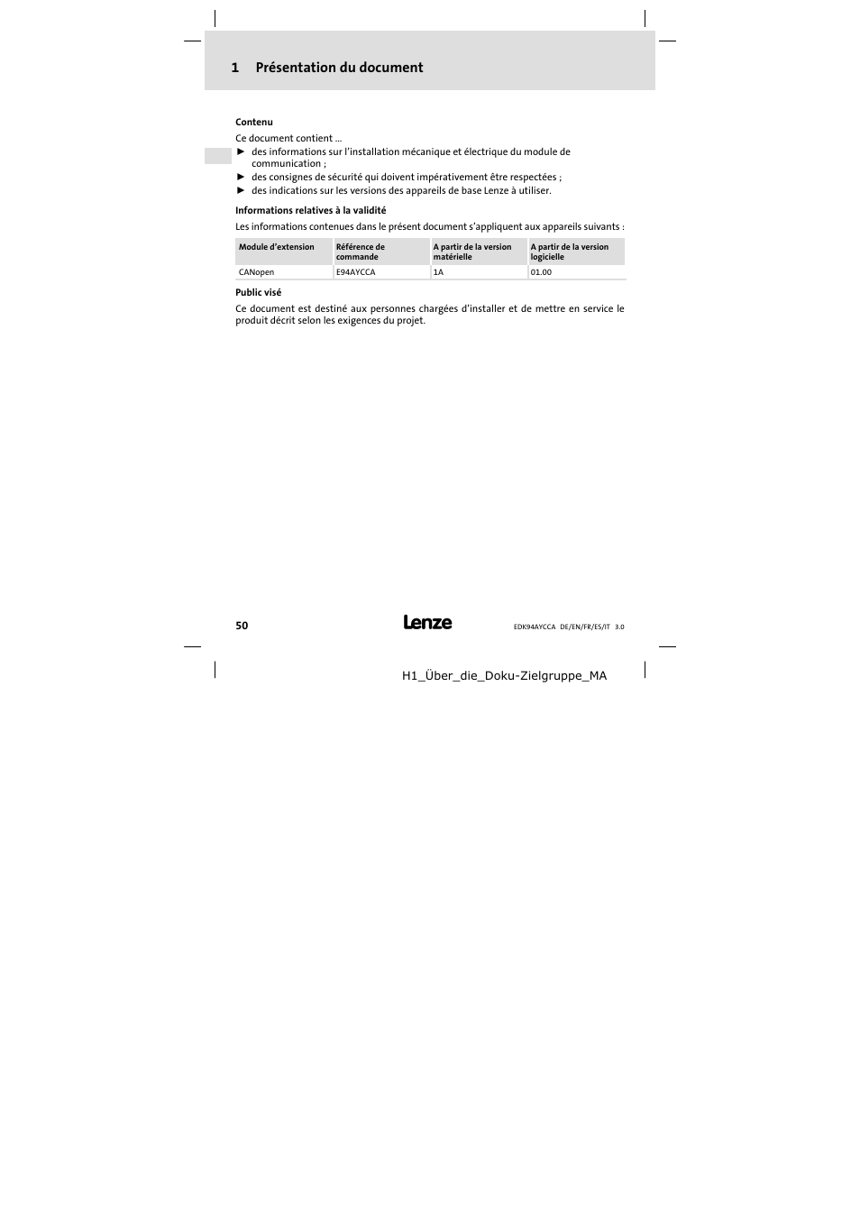 1 présentation du document, Présentation du document, 1présentation du document | Lenze E94AYCCA User Manual | Page 50 / 114