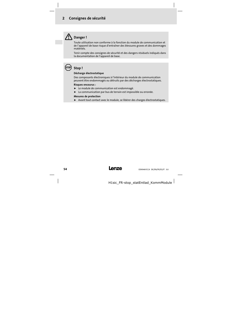 2 consignes de sécurité, Consignes de sécurité | Lenze E94AYCCA User Manual | Page 54 / 114