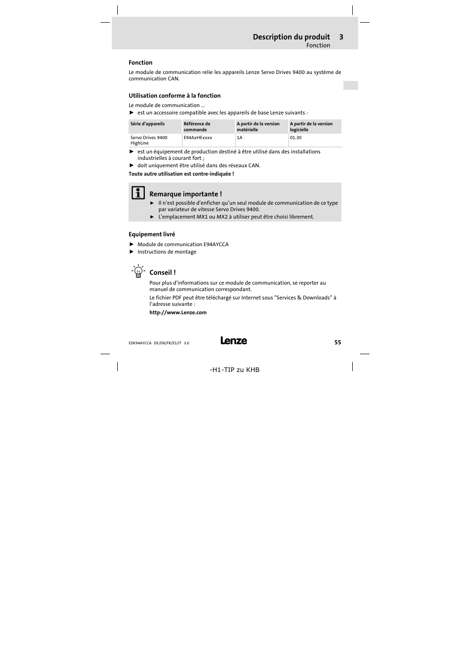 3 description du produit, Fonction, Utilisation conforme à la fonction | Equipement livré, Description du produit, Fonction 55 | Lenze E94AYCCA User Manual | Page 55 / 114