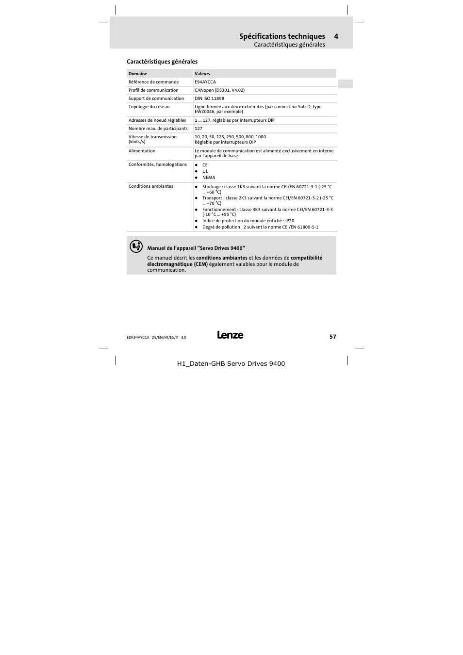4 spécifications techniques, Caractéristiques générales, Spécifications techniques | Lenze E94AYCCA User Manual | Page 57 / 114