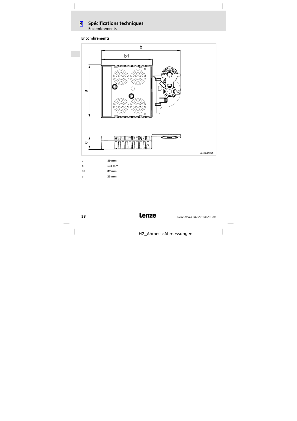 Encombrements, 4spécifications techniques | Lenze E94AYCCA User Manual | Page 58 / 114