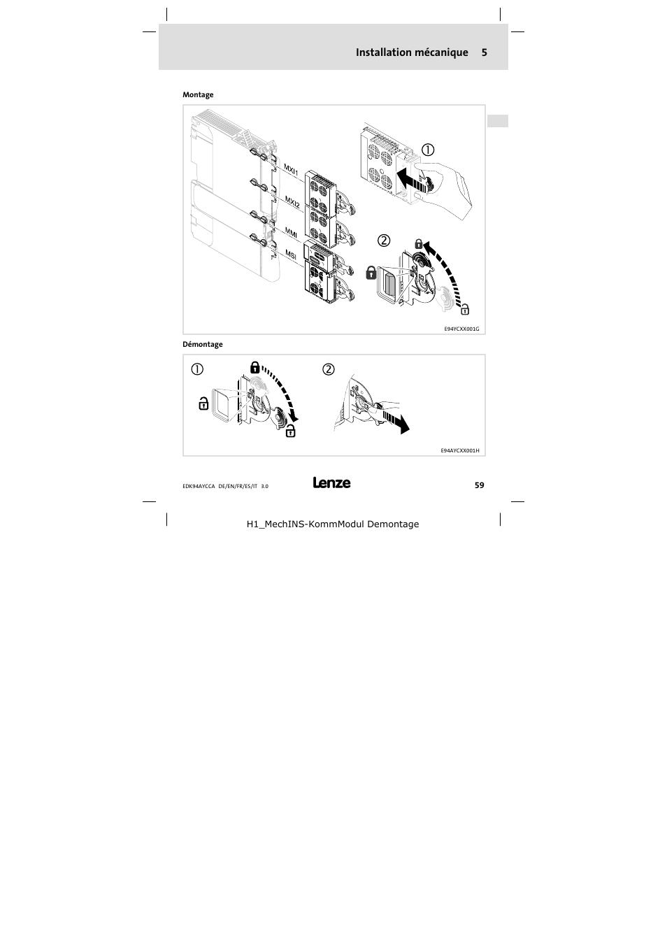 5 installation mécanique, Installation mécanique, Installation mécanique 5 | Lenze E94AYCCA User Manual | Page 59 / 114