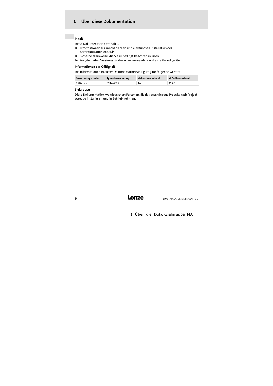 1 über diese dokumentation, Über diese dokumentation, 1über diese dokumentation | Lenze E94AYCCA User Manual | Page 6 / 114