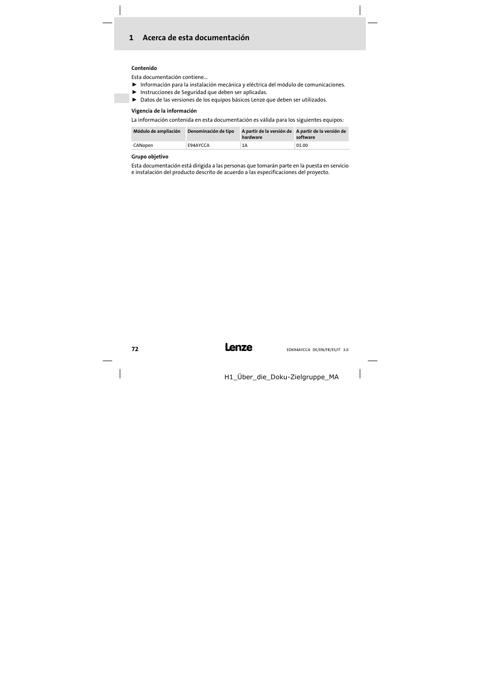 1 acerca de esta documentación, Acerca de esta documentación, 1acerca de esta documentación | Lenze E94AYCCA User Manual | Page 72 / 114