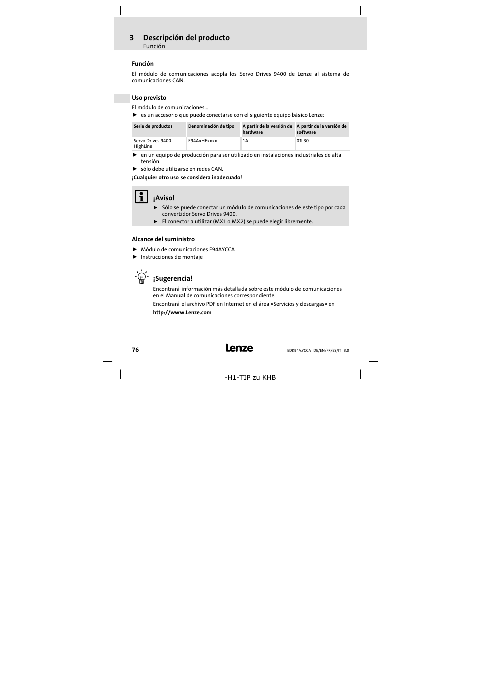 3 descripción del producto, Función, Uso previsto | Alcance del suministro, Descripción del producto, 3descripción del producto | Lenze E94AYCCA User Manual | Page 76 / 114