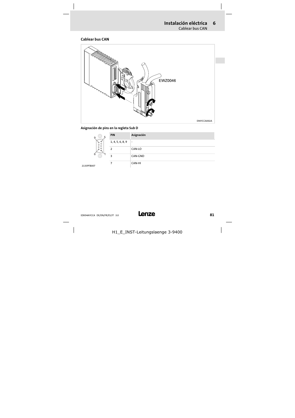 6 instalación eléctrica, Cablear bus can, Instalación eléctrica | Lenze E94AYCCA User Manual | Page 81 / 114