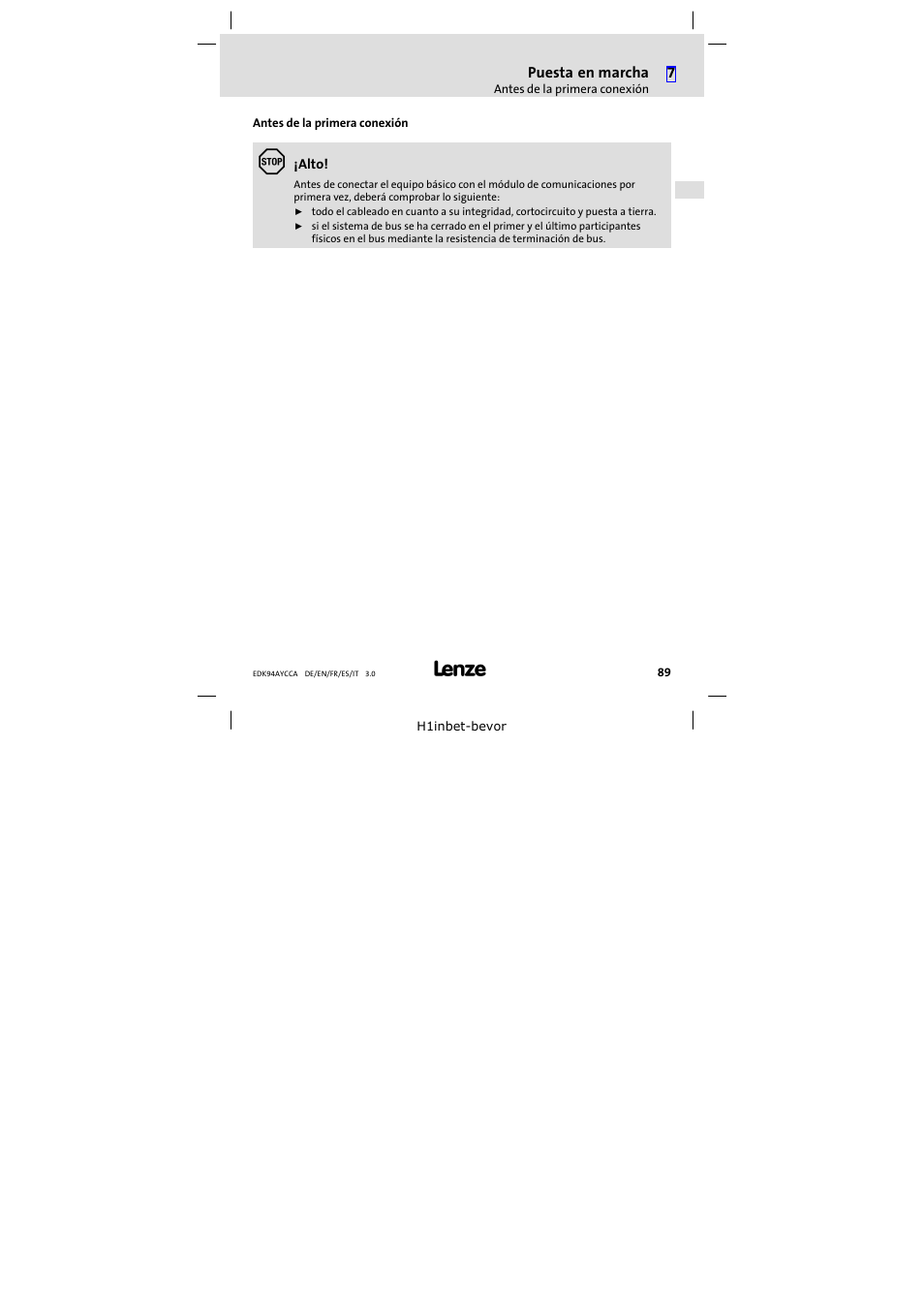 Antes de la primera conexión | Lenze E94AYCCA User Manual | Page 89 / 114