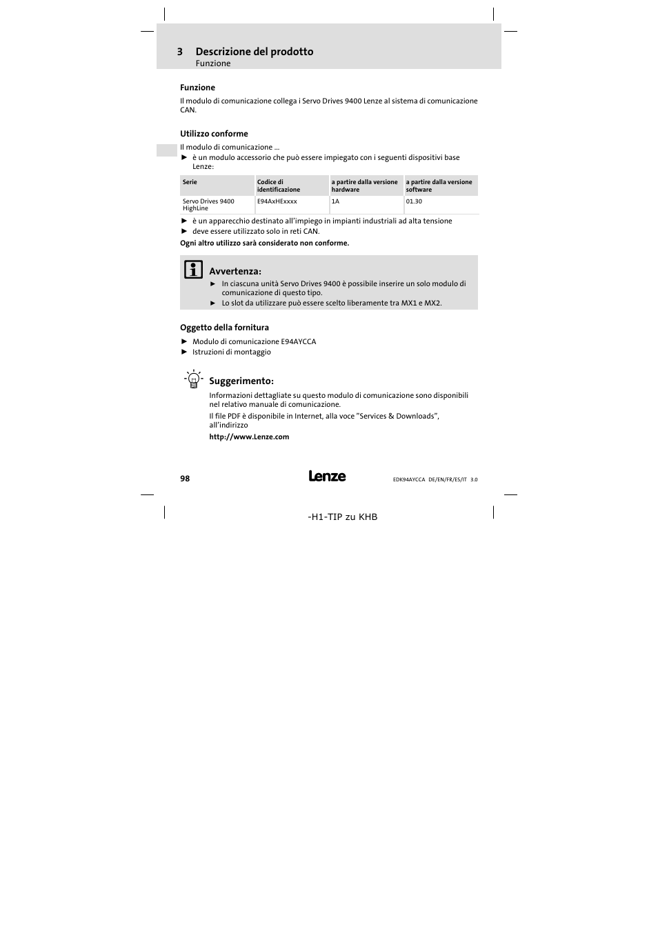 3 descrizione del prodotto, Funzione, Utilizzo conforme | Oggetto della fornitura, Descrizione del prodotto, 3descrizione del prodotto | Lenze E94AYCCA User Manual | Page 98 / 114