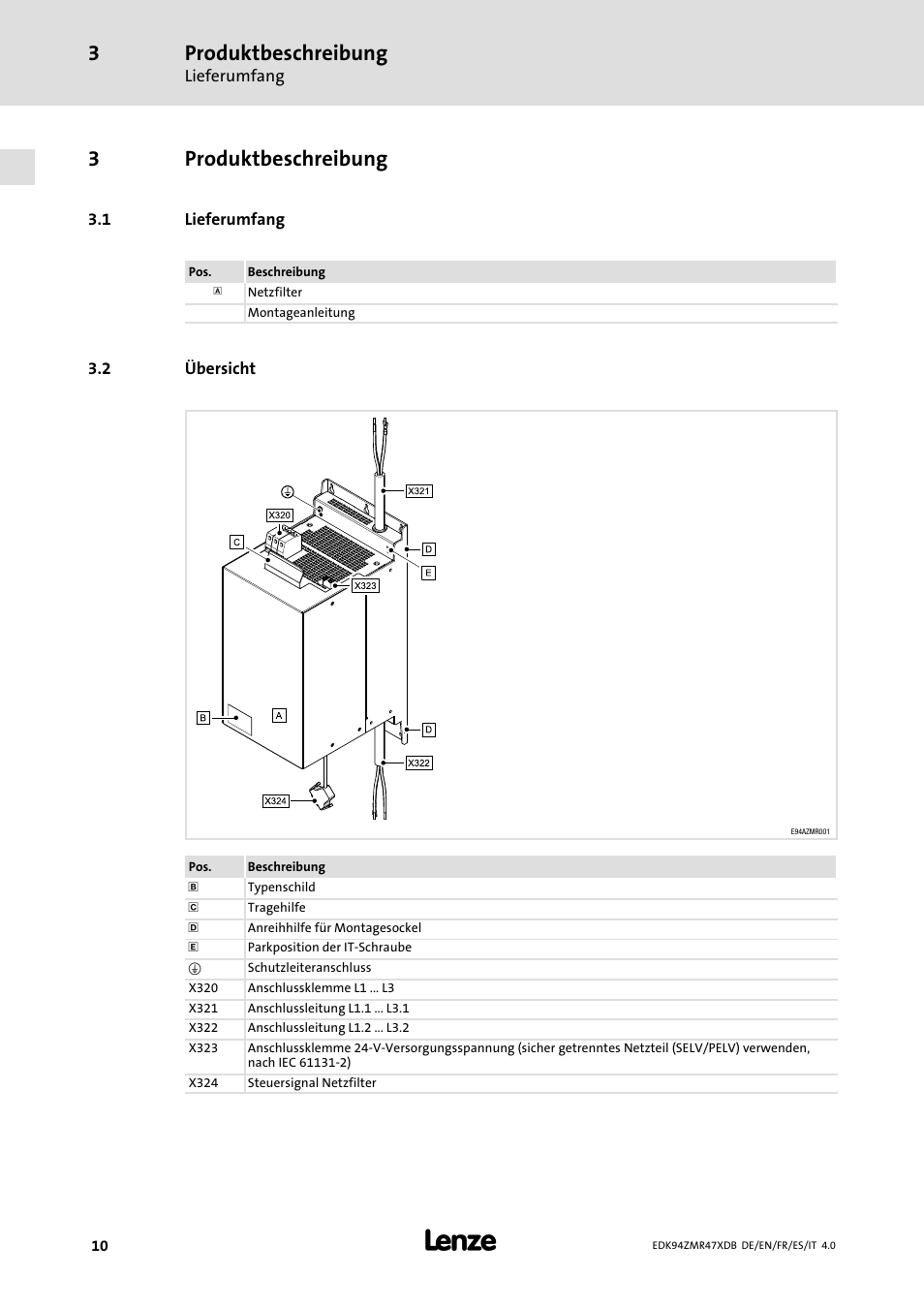 Produktbeschreibung, Lieferumfang, Übersicht | 3produktbeschreibung | Lenze E94AZMR User Manual | Page 10 / 122