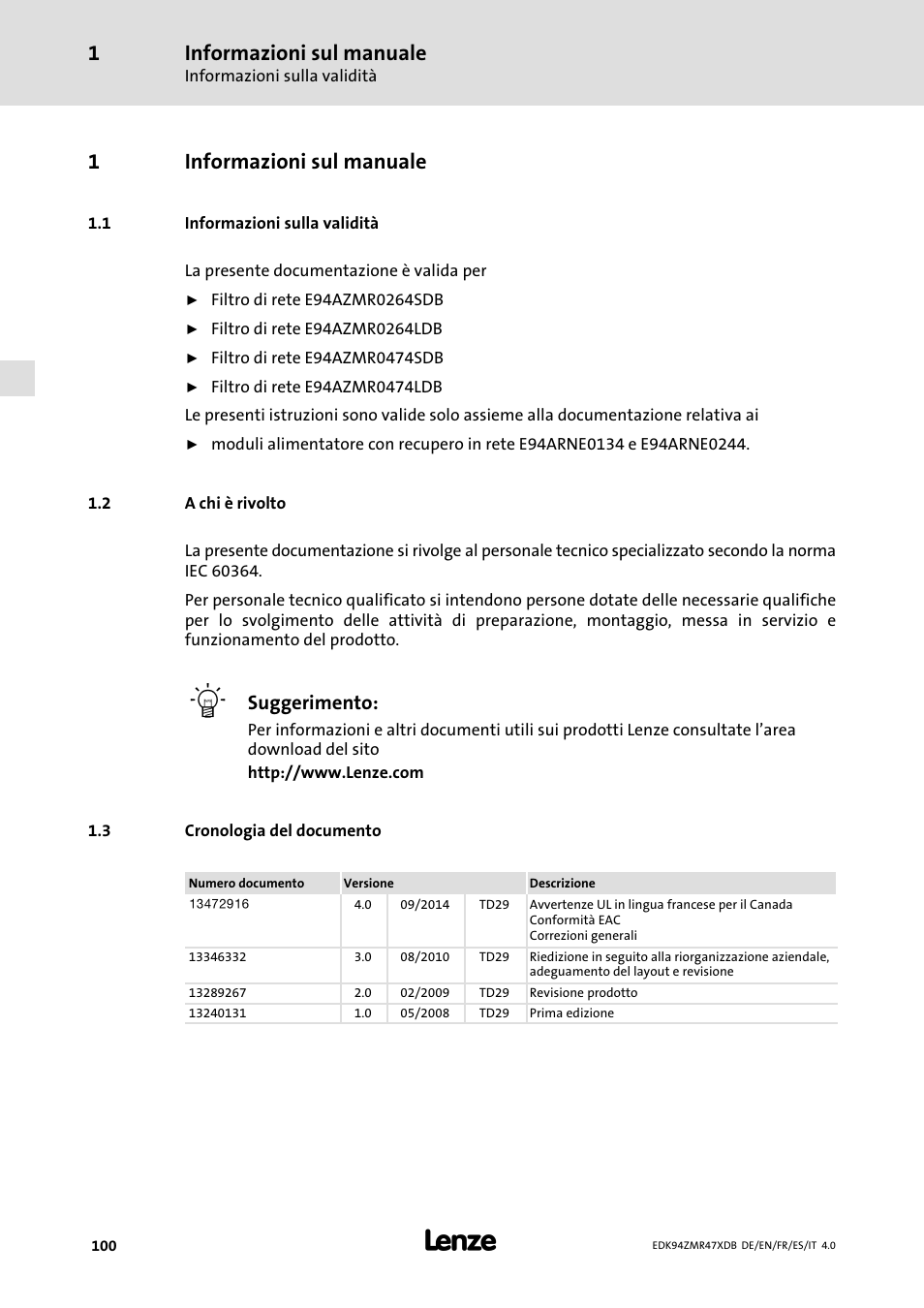 Informazioni sul manuale, Informazioni sulla validità, A chi è rivolto | Cronologia del documento, 1informazioni sul manuale, Suggerimento | Lenze E94AZMR User Manual | Page 100 / 122