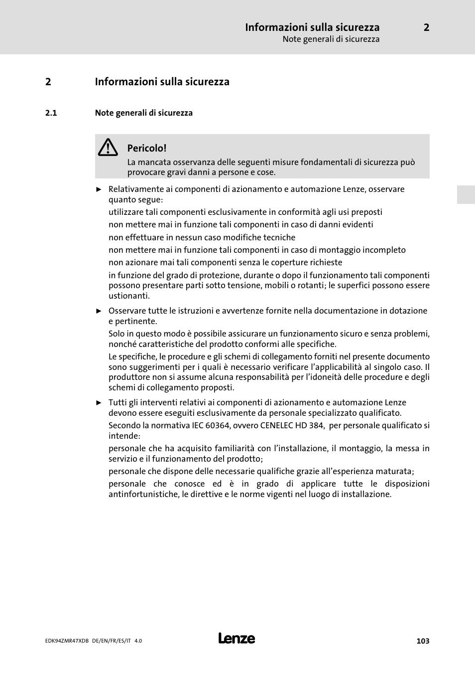 Informazioni sulla sicurezza, Note generali di sicurezza | Lenze E94AZMR User Manual | Page 103 / 122