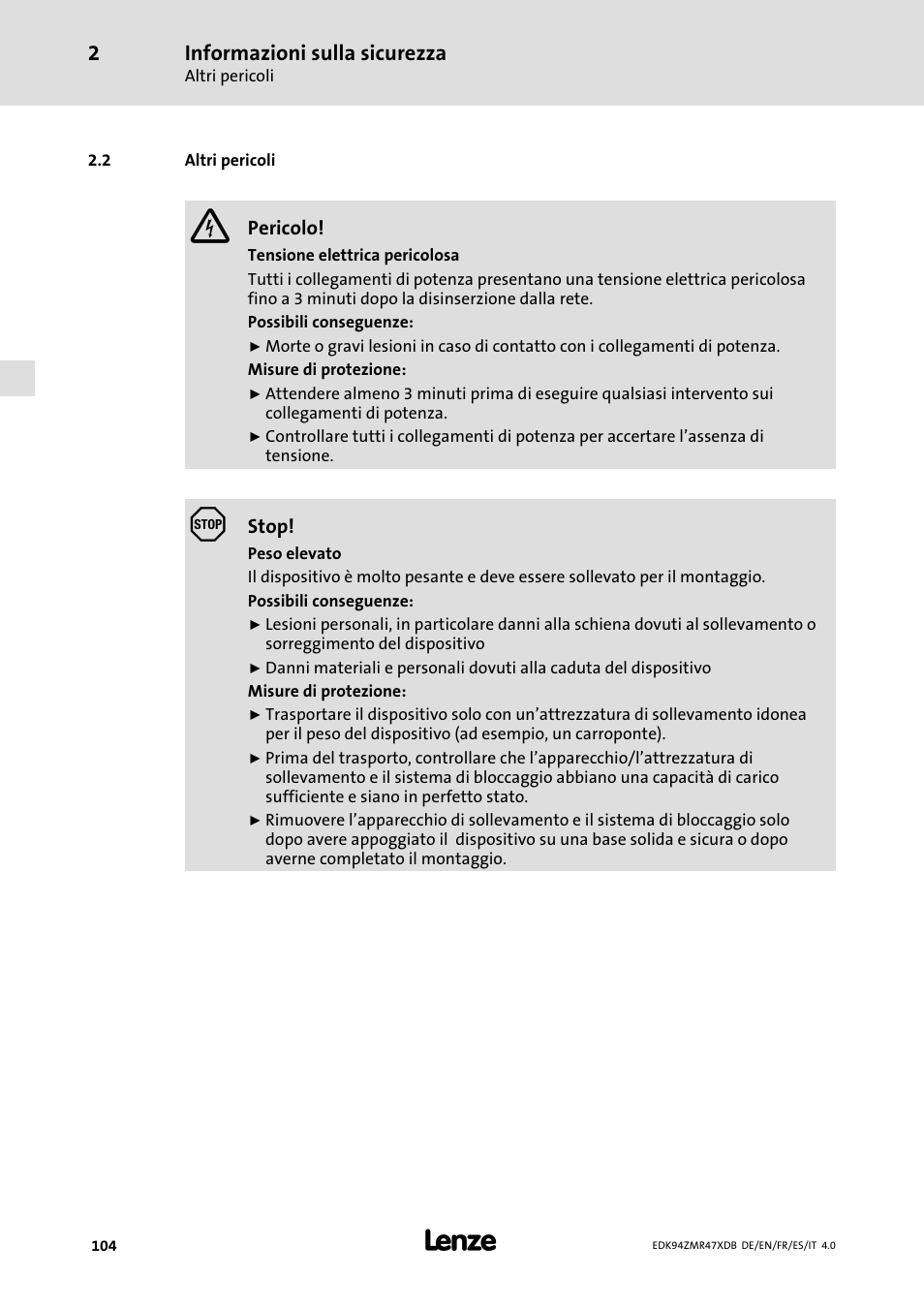 Altri pericoli, Informazioni sulla sicurezza | Lenze E94AZMR User Manual | Page 104 / 122