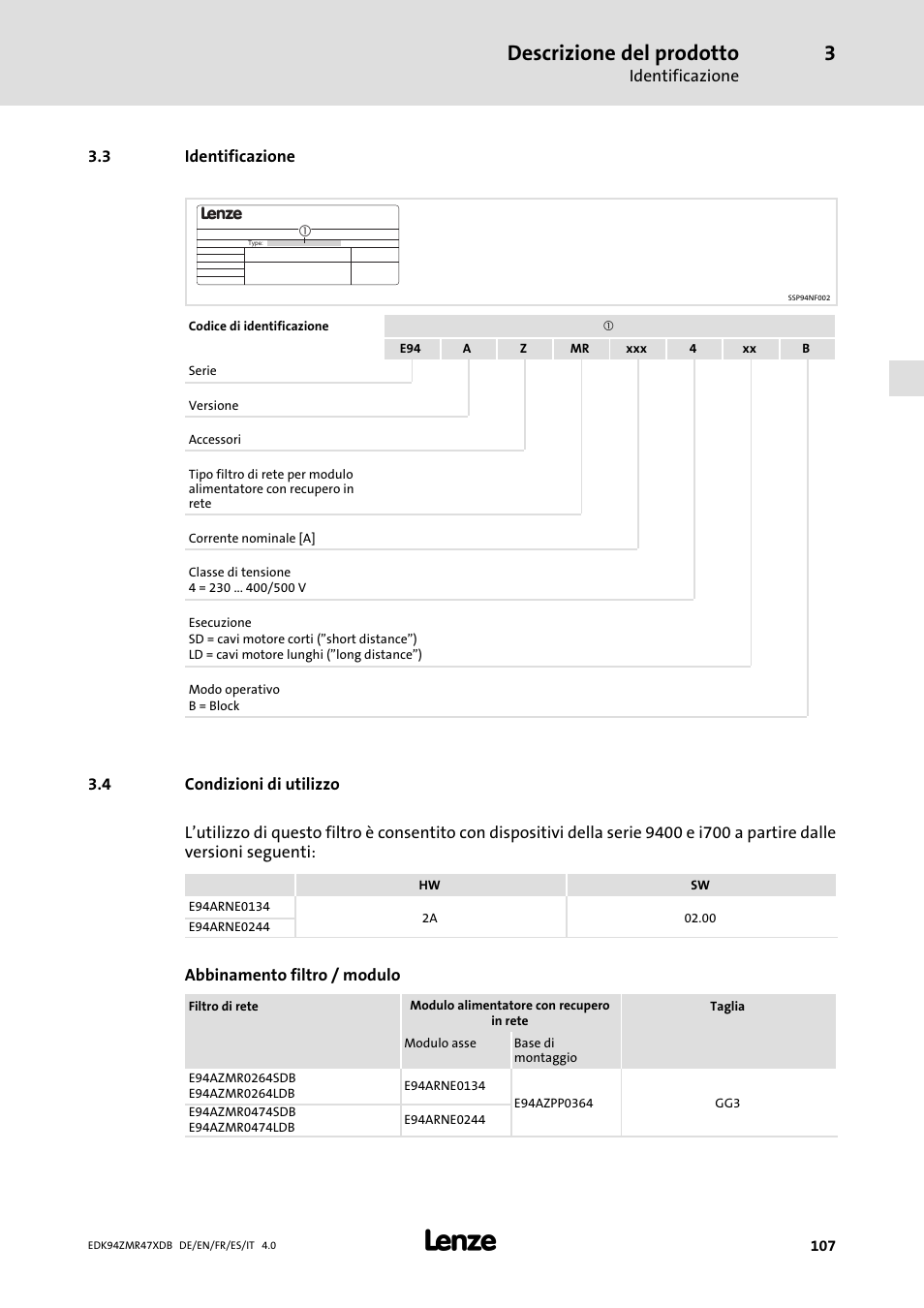 Identificazione, Condizioni di utilizzo, Descrizione del prodotto | Lenze E94AZMR User Manual | Page 107 / 122