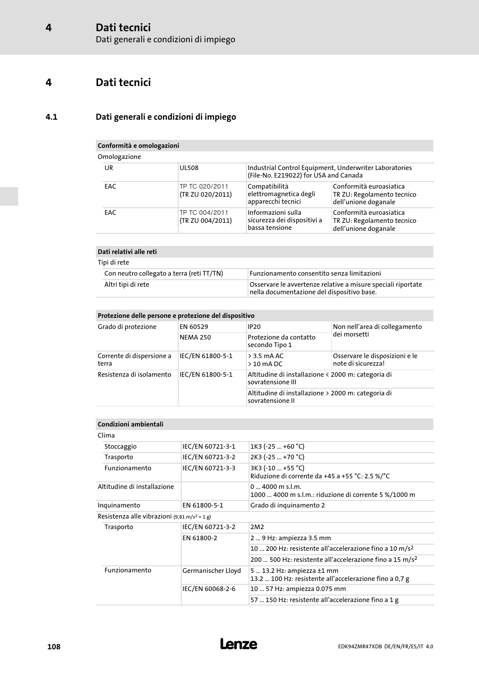 Dati tecnici, Dati generali e condizioni di impiego, 4dati tecnici | Lenze E94AZMR User Manual | Page 108 / 122