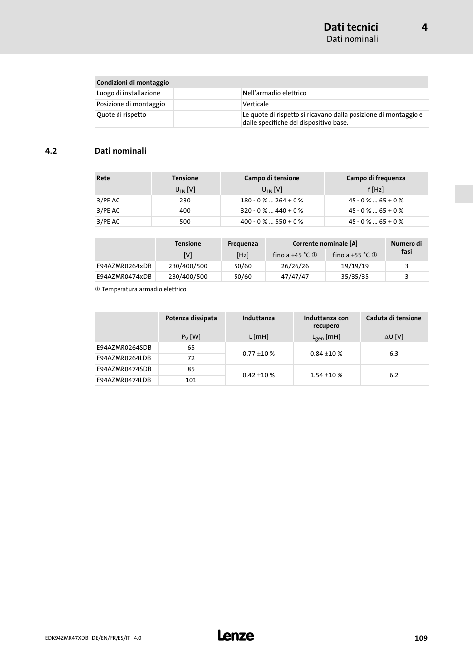 Dati nominali, Dati tecnici, 2 dati nominali | Lenze E94AZMR User Manual | Page 109 / 122