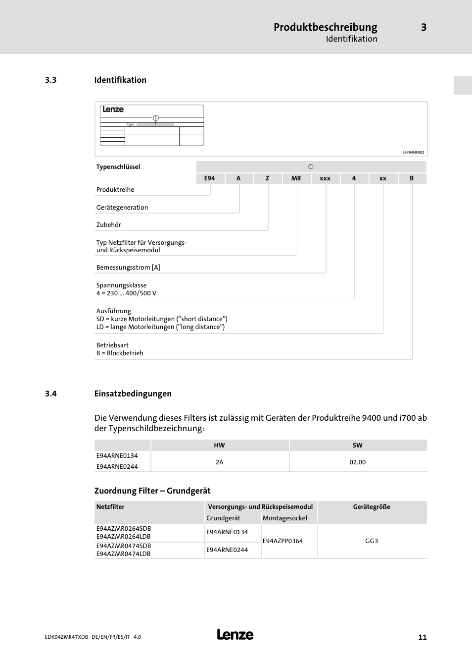 Identifikation, Einsatzbedingungen, Produktbeschreibung | Lenze E94AZMR User Manual | Page 11 / 122