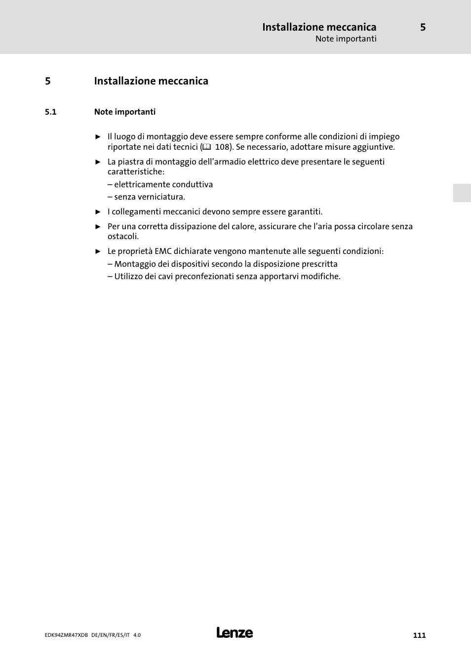 Installazione meccanica, Note importanti, 5installazione meccanica | Lenze E94AZMR User Manual | Page 111 / 122