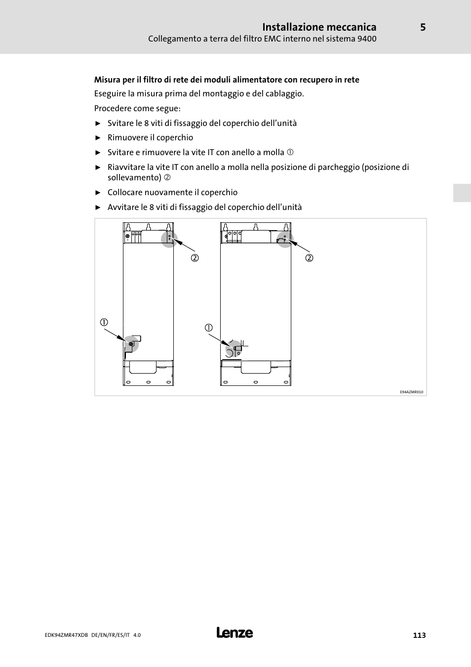 Installazione meccanica | Lenze E94AZMR User Manual | Page 113 / 122