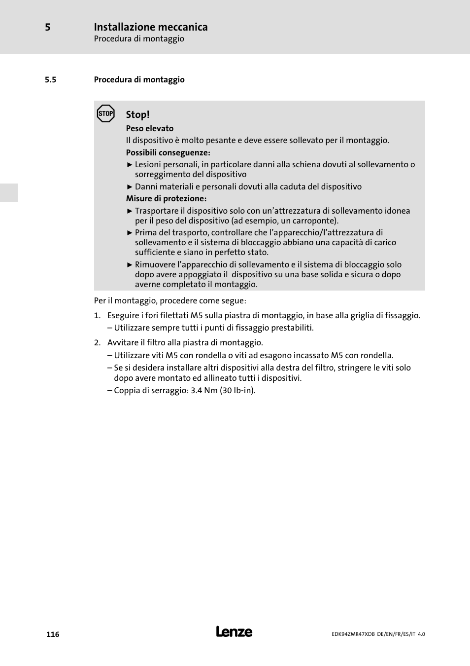 Procedura di montaggio | Lenze E94AZMR User Manual | Page 116 / 122