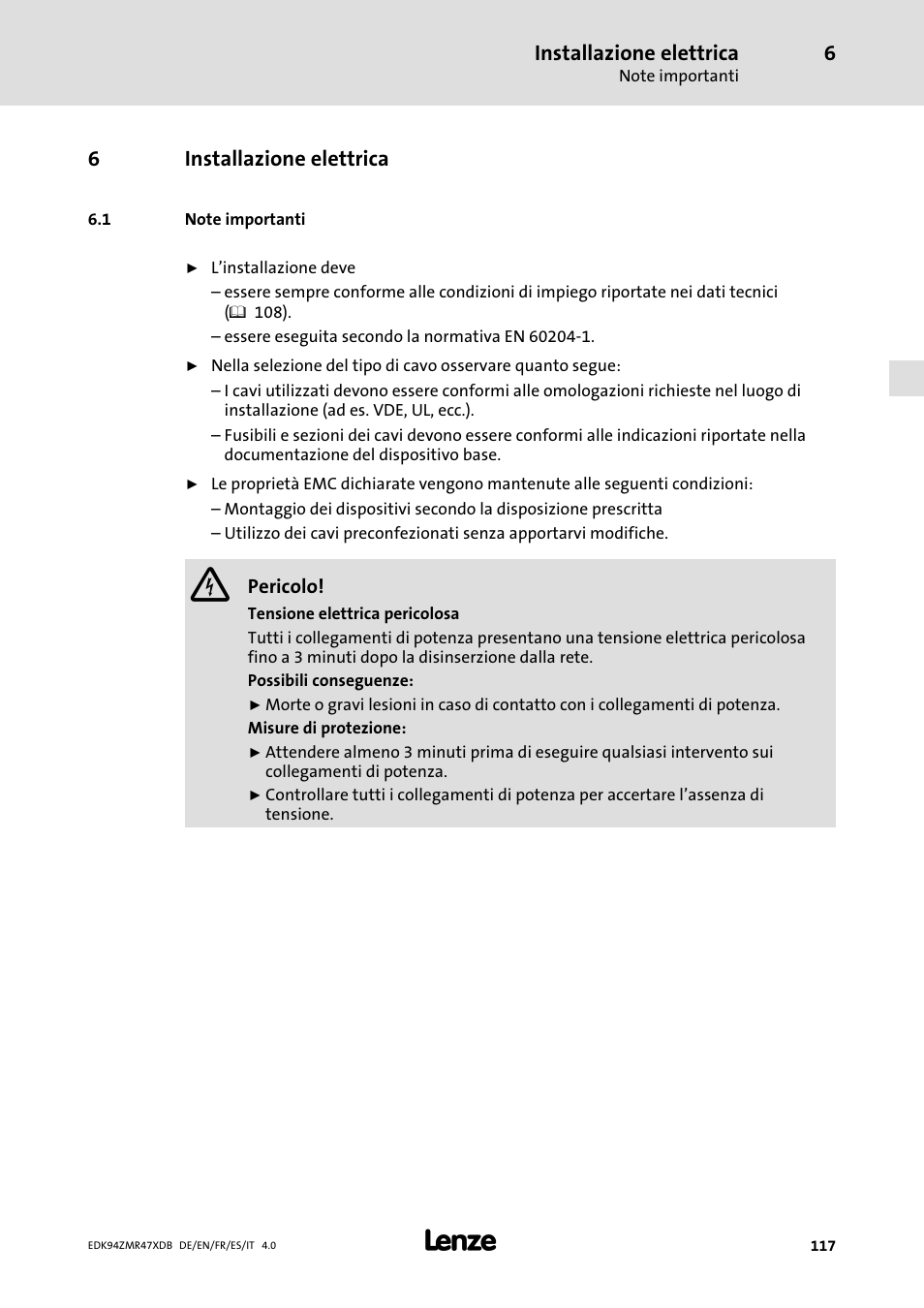 Installazione elettrica, Note importanti | Lenze E94AZMR User Manual | Page 117 / 122