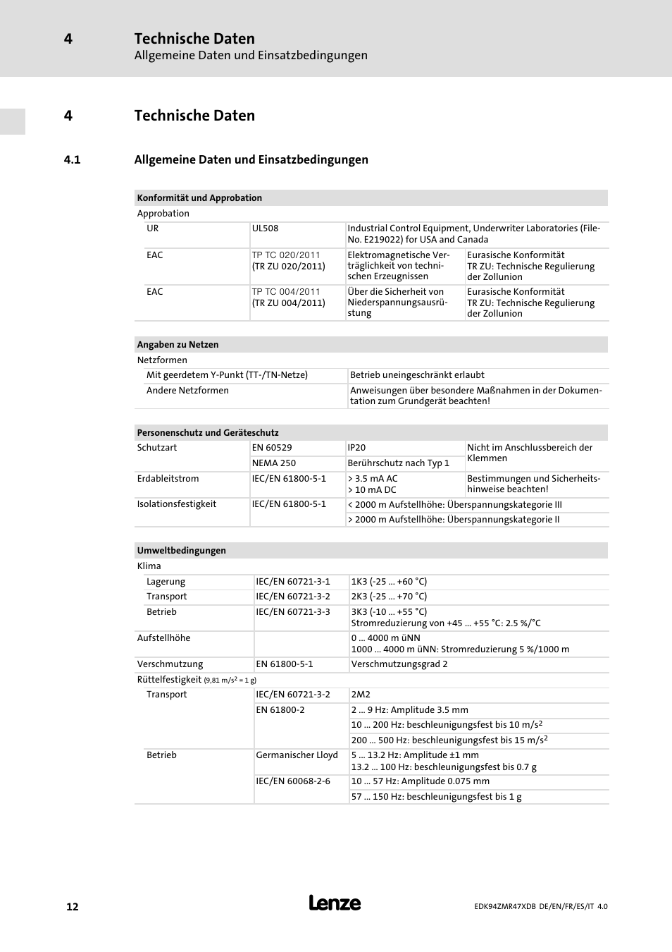 Technische daten, Allgemeine daten und einsatzbedingungen, 4technische daten | Lenze E94AZMR User Manual | Page 12 / 122