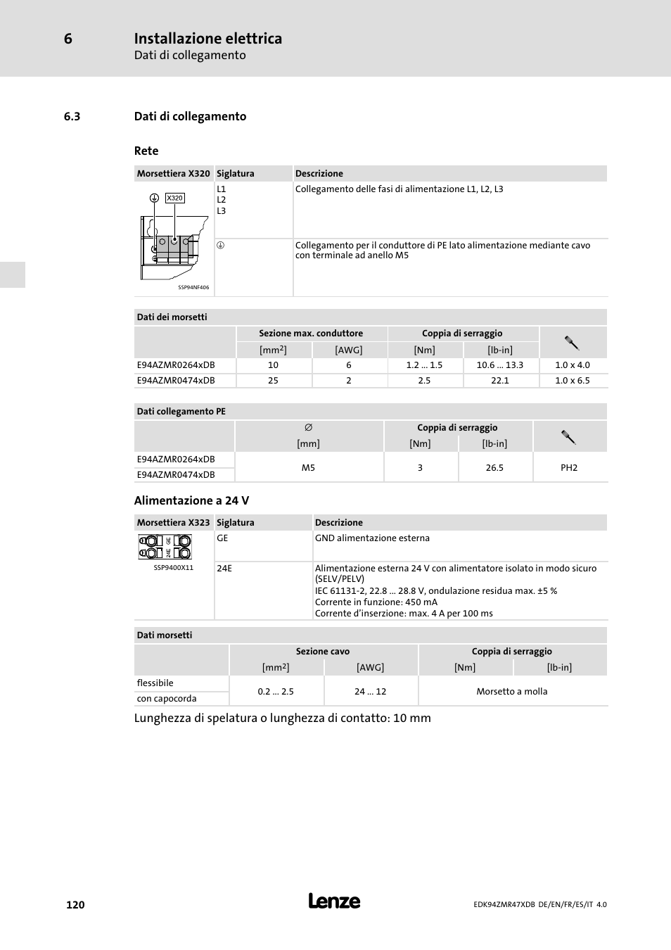 Dati di collegamento, Installazione elettrica | Lenze E94AZMR User Manual | Page 120 / 122