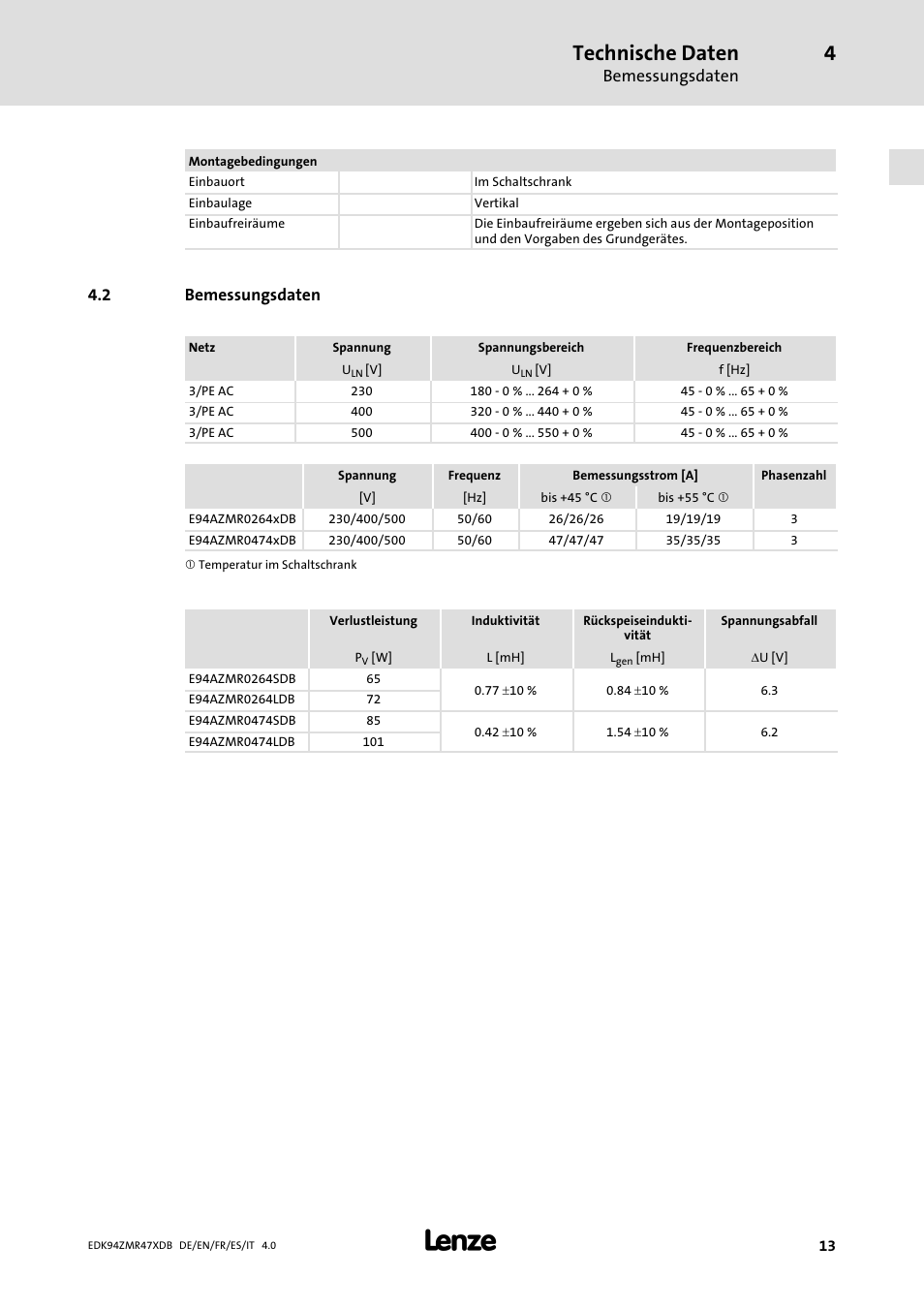 Bemessungsdaten, Technische daten | Lenze E94AZMR User Manual | Page 13 / 122