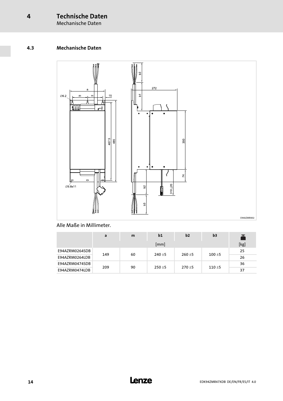 Mechanische daten, Technische daten | Lenze E94AZMR User Manual | Page 14 / 122