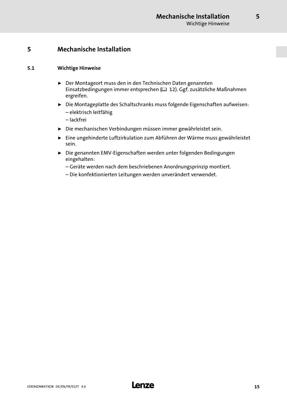 Mechanische installation, Wichtige hinweise, 5mechanische installation | Lenze E94AZMR User Manual | Page 15 / 122