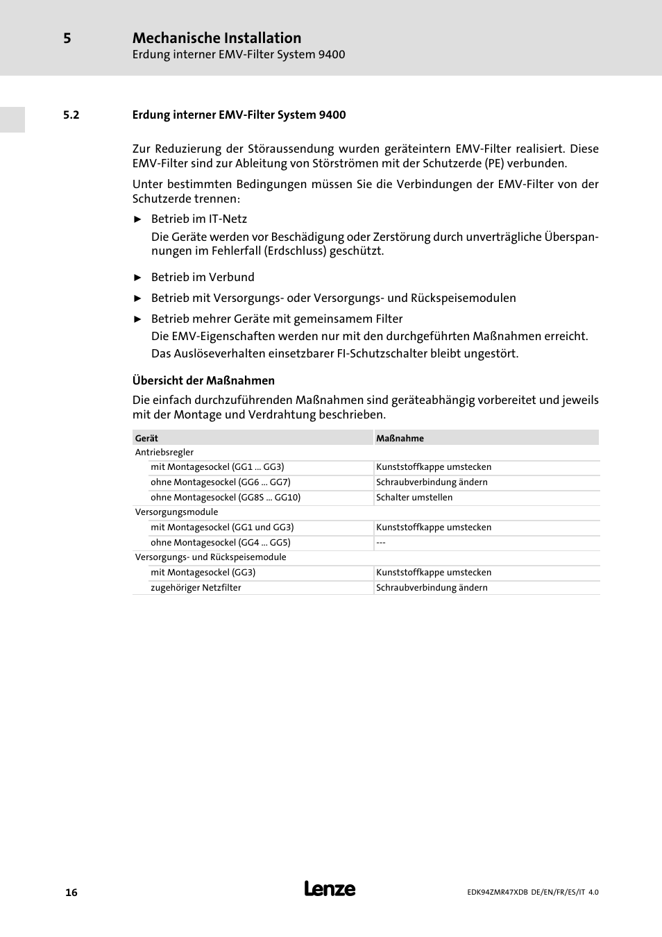 Erdung interner emv-filter system 9400, Erdung interner emv−filter system 9400, Mechanische installation | Lenze E94AZMR User Manual | Page 16 / 122