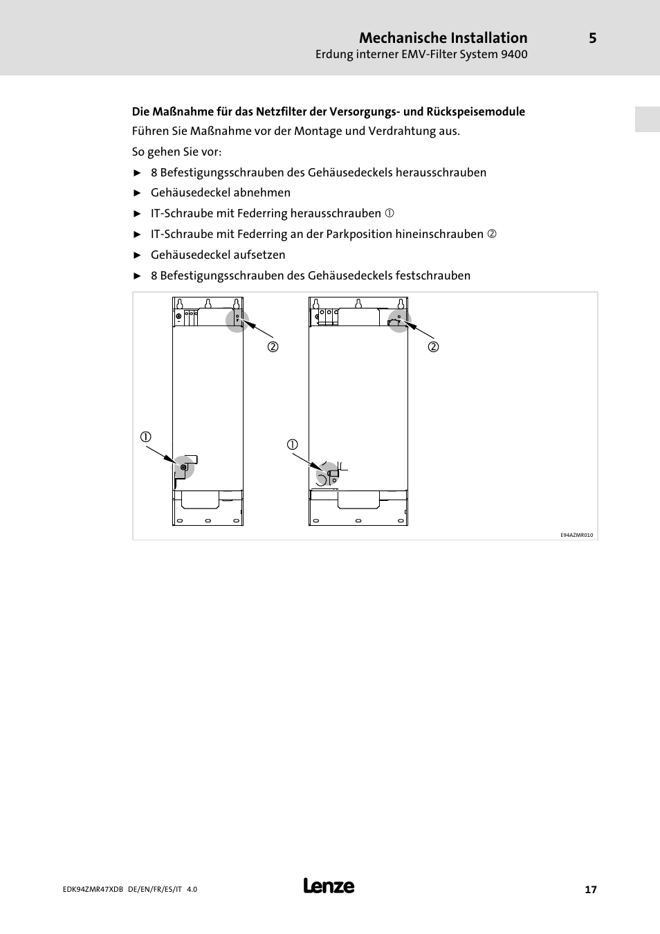 Mechanische installation | Lenze E94AZMR User Manual | Page 17 / 122