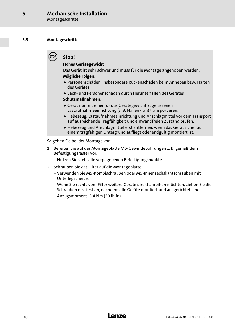 Montageschritte, Mechanische installation | Lenze E94AZMR User Manual | Page 20 / 122