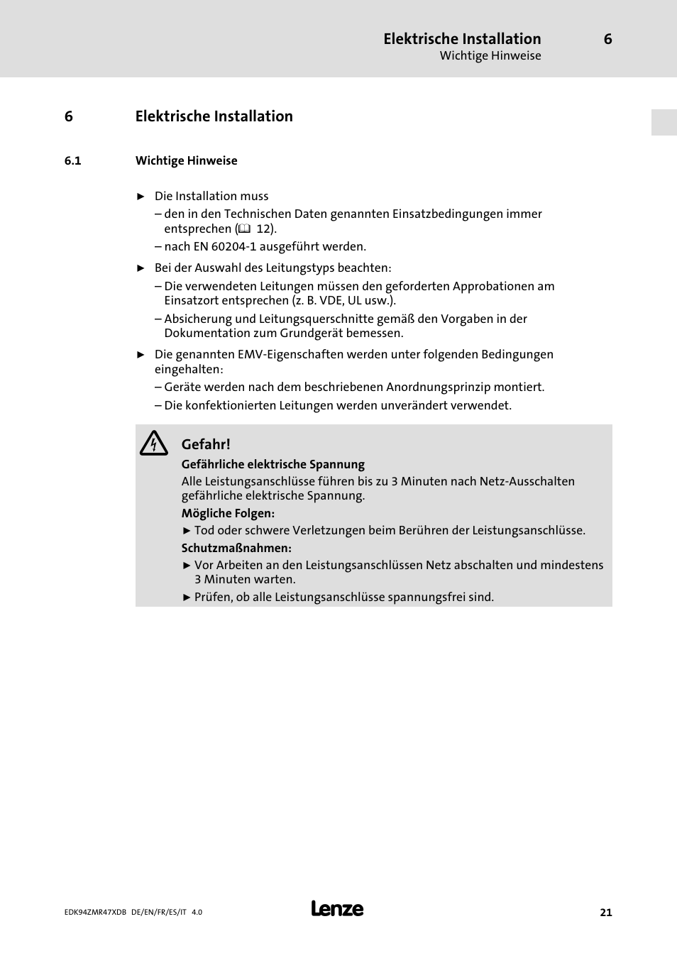 Elektrische installation, Wichtige hinweise | Lenze E94AZMR User Manual | Page 21 / 122