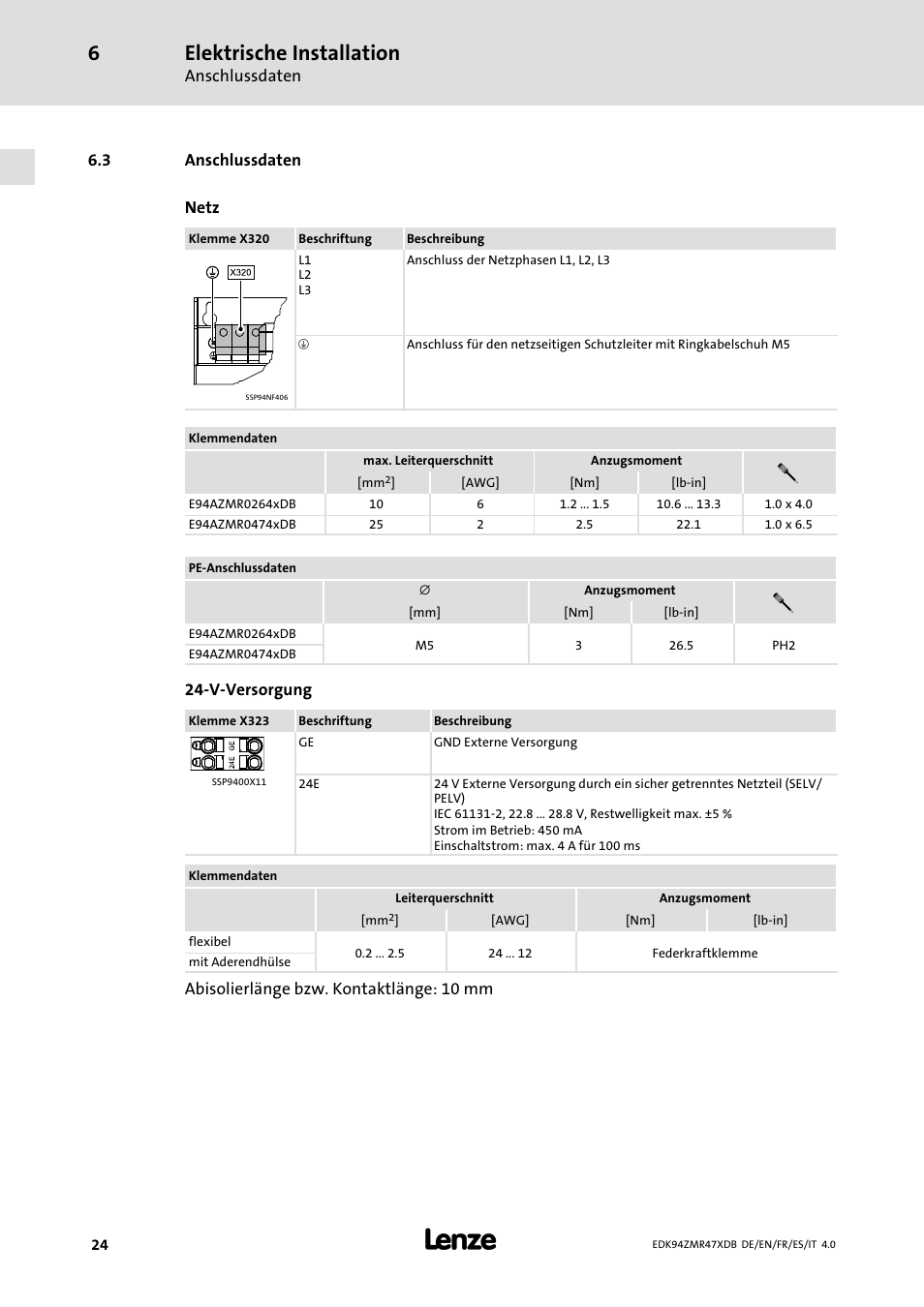 Anschlussdaten, Elektrische installation | Lenze E94AZMR User Manual | Page 24 / 122