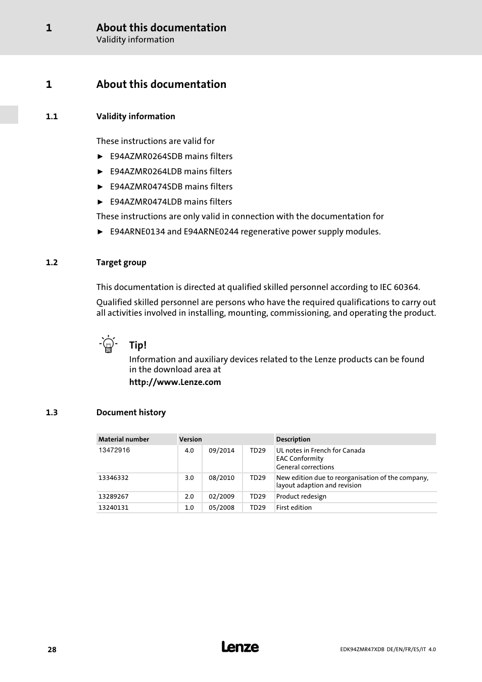 About this documentation, Validity information, Target group | Document history, 1about this documentation | Lenze E94AZMR User Manual | Page 28 / 122