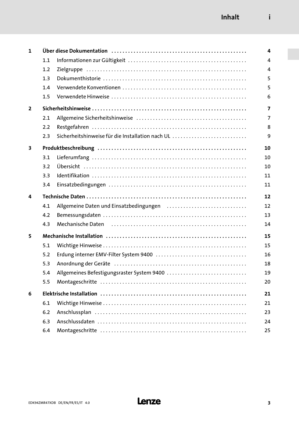 Inhalt, Inhalt i | Lenze E94AZMR User Manual | Page 3 / 122