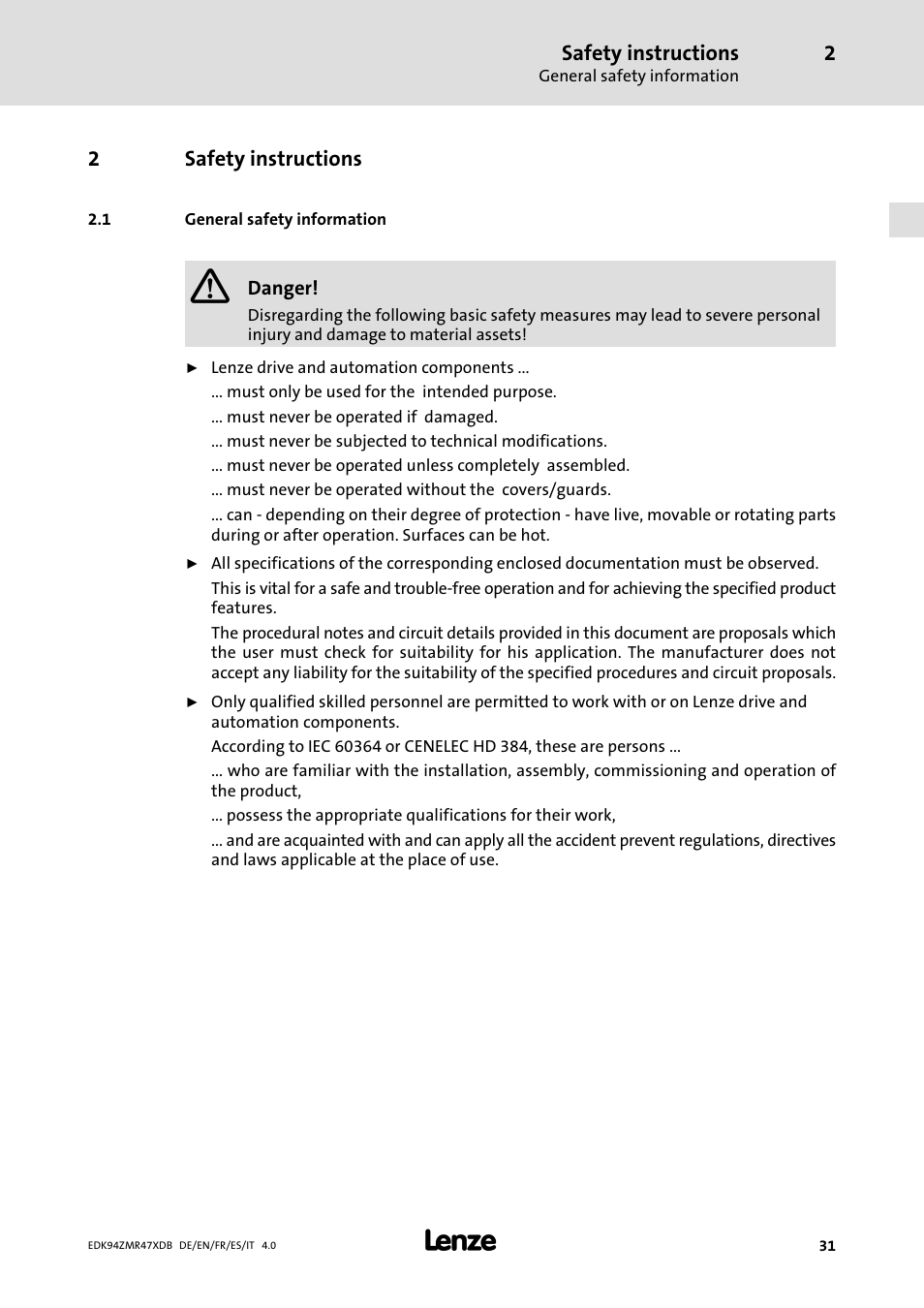 Safety instructions, General safety information | Lenze E94AZMR User Manual | Page 31 / 122