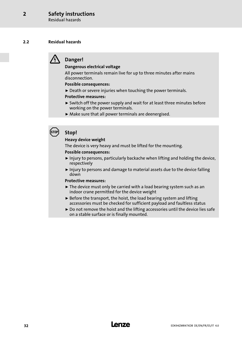 Residual hazards, Safety instructions | Lenze E94AZMR User Manual | Page 32 / 122