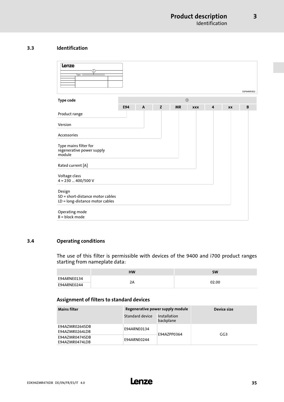 Identification, Operating conditions, Product description | Lenze E94AZMR User Manual | Page 35 / 122