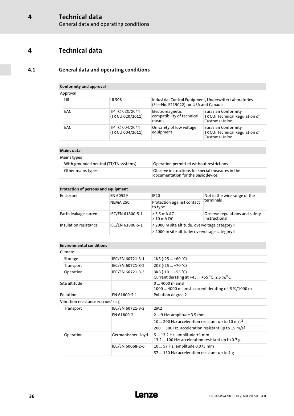 Technical data, General data and operating conditions, 4technical data | Lenze E94AZMR User Manual | Page 36 / 122