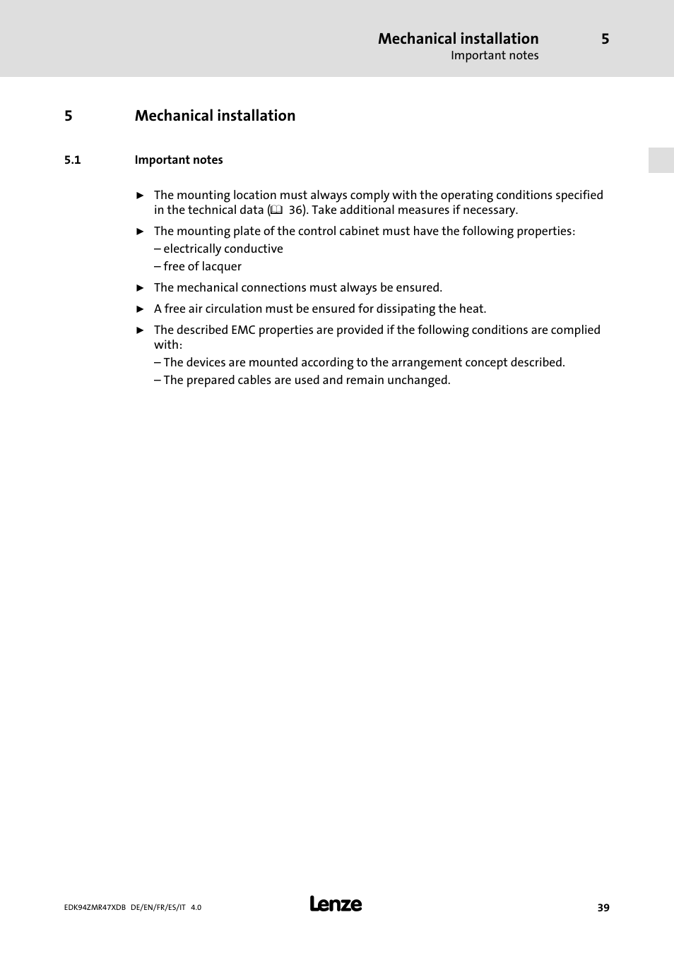 Mechanical installation, Important notes, 5mechanical installation | Lenze E94AZMR User Manual | Page 39 / 122