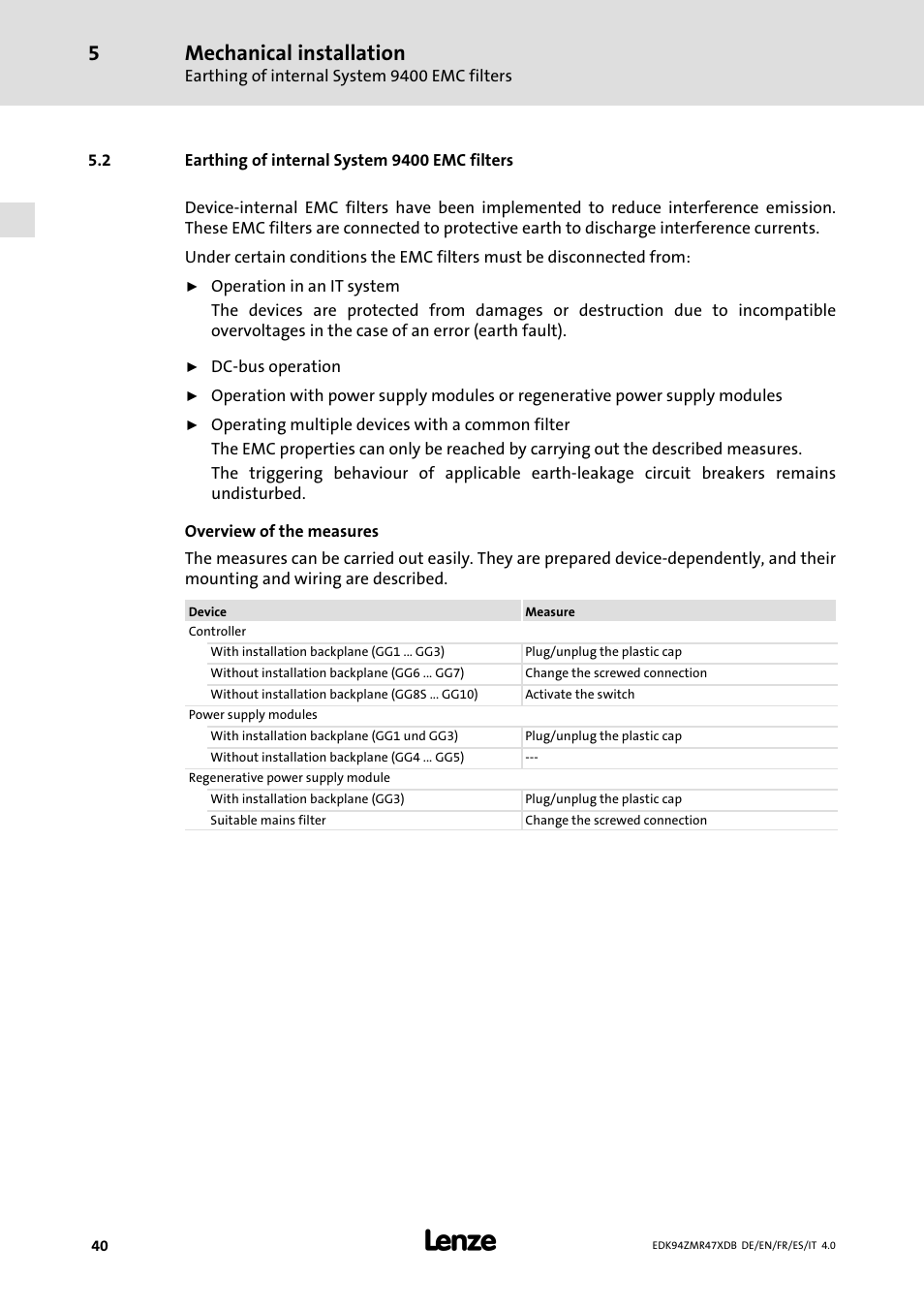 Earthing of internal system 9400 emc filters, Mechanical installation | Lenze E94AZMR User Manual | Page 40 / 122