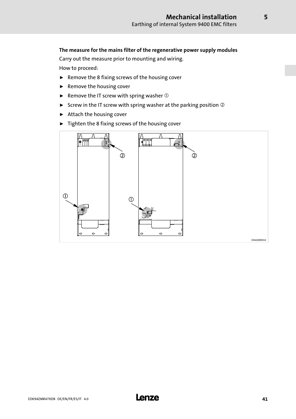 Mechanical installation | Lenze E94AZMR User Manual | Page 41 / 122