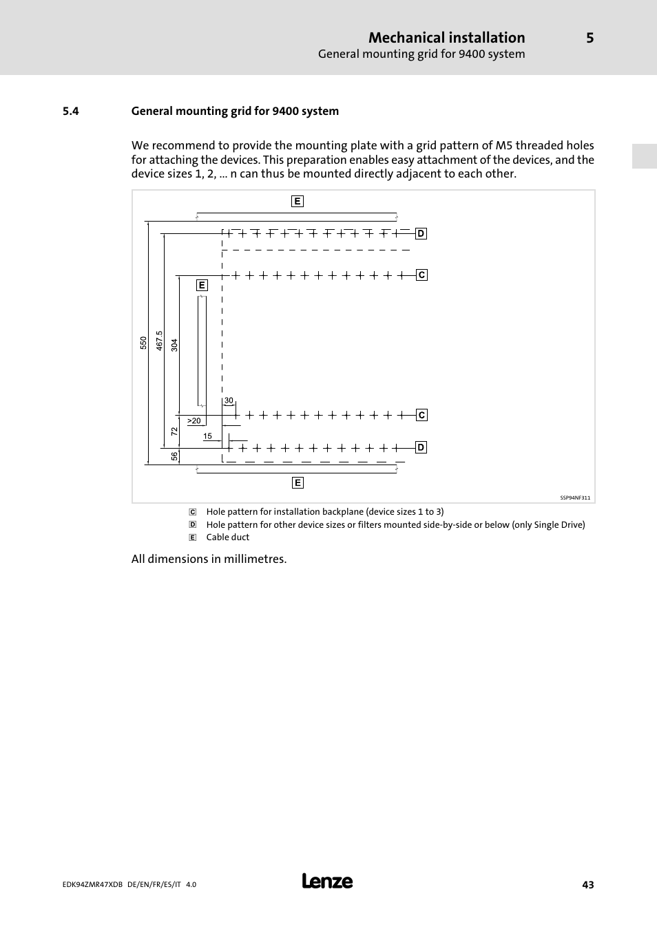 General mounting grid for 9400 system, Mechanical installation | Lenze E94AZMR User Manual | Page 43 / 122