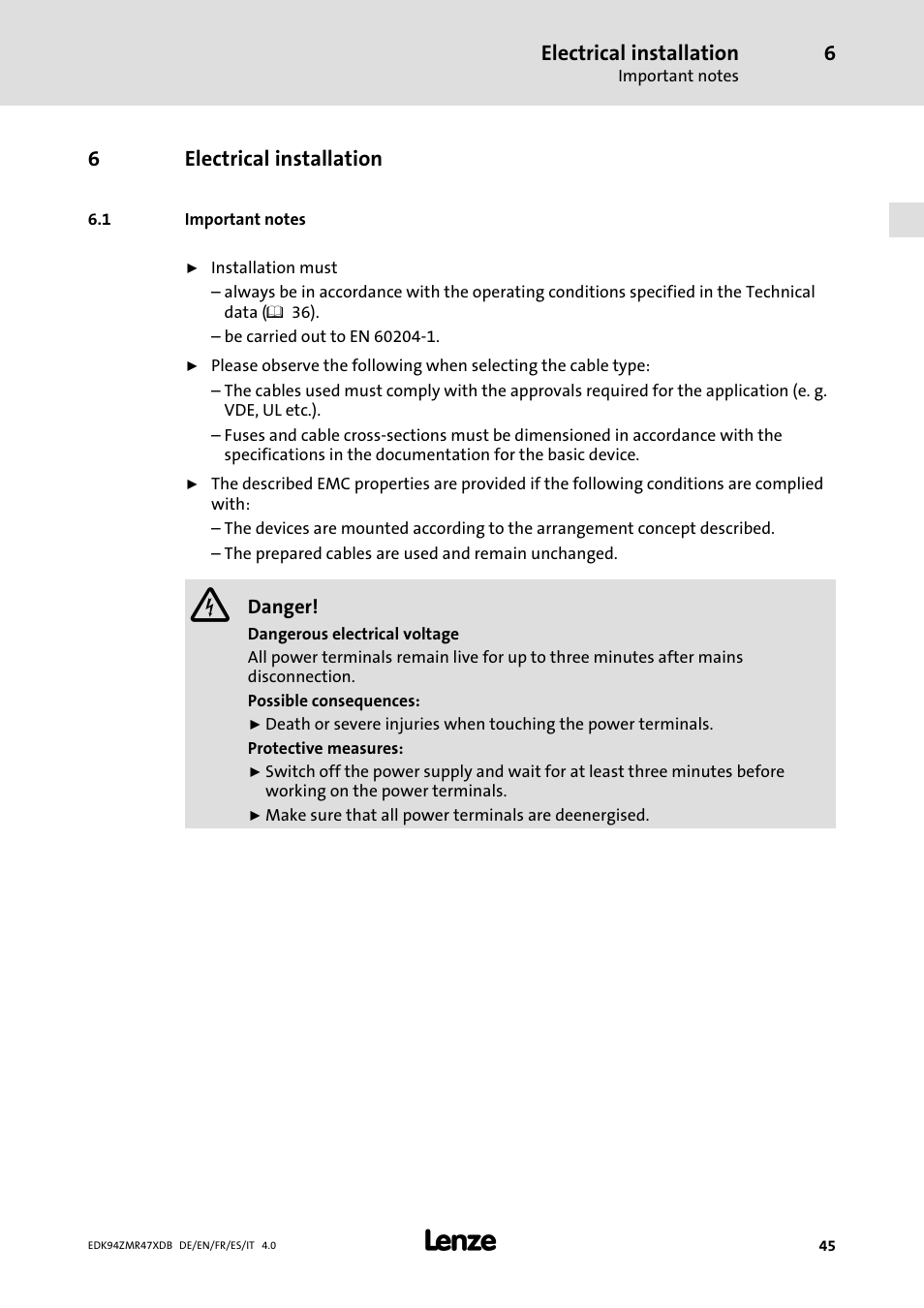 Electrical installation, Important notes | Lenze E94AZMR User Manual | Page 45 / 122