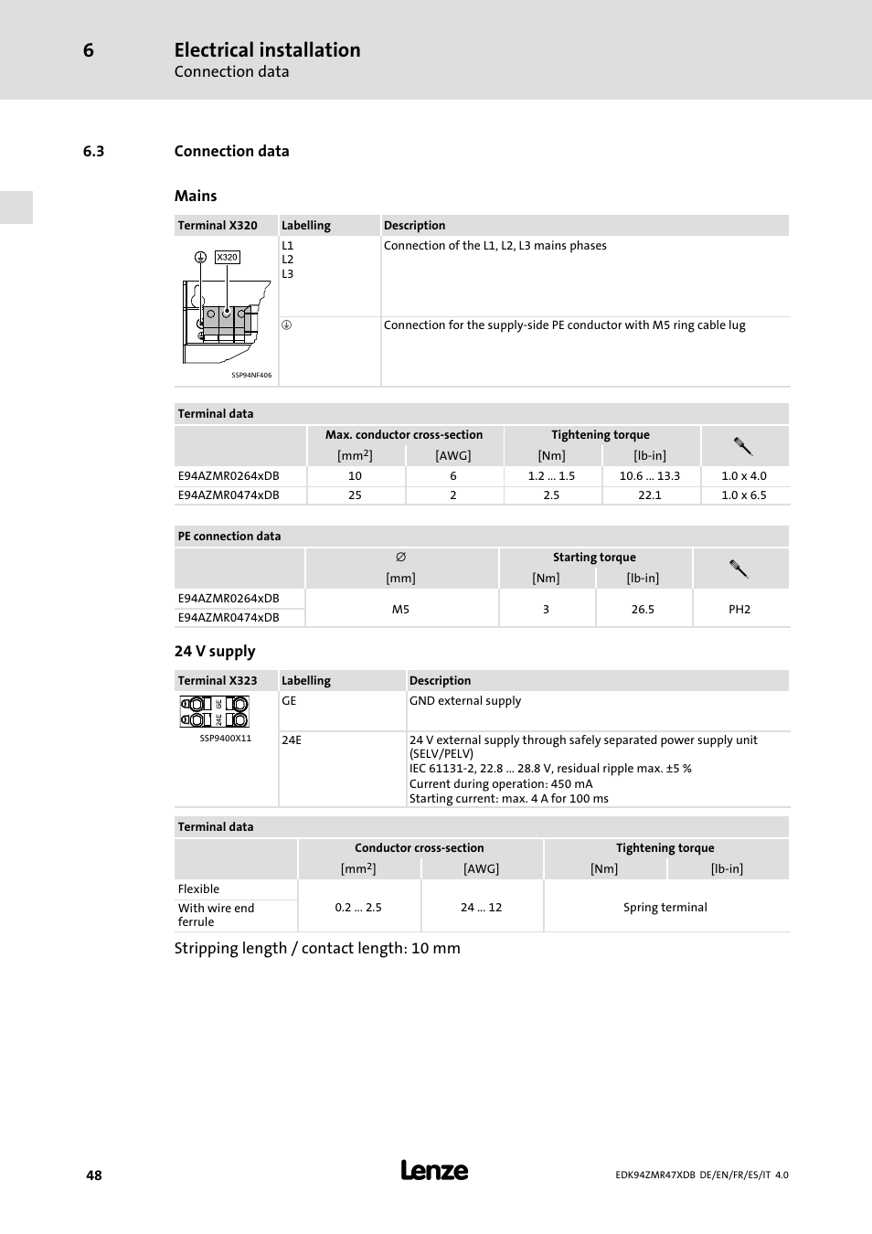 Connection data, Electrical installation | Lenze E94AZMR User Manual | Page 48 / 122